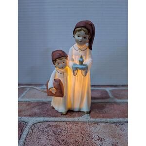Vintage Porcelain Lighted Figurine Two Children in Nightgowns with Candle Japan